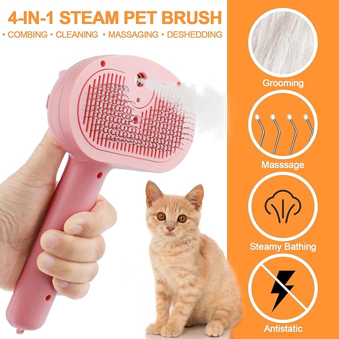 Cat Steam Brush for Shedding, 4 in 1 Steamy Cat Brush with Release Button, Self Cleaning Metal Pet Misting Hair Comb with Handle for Grooming Kitten Dog(Pink)