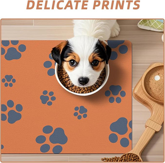 12"×20" Dog Food Mat-Absorbent Dog Mat for Food and Water, No Stains Quick Dry Cat Bowl Mat Non Skid Feeding Mat with Footprints for Messy Drinkers Orange