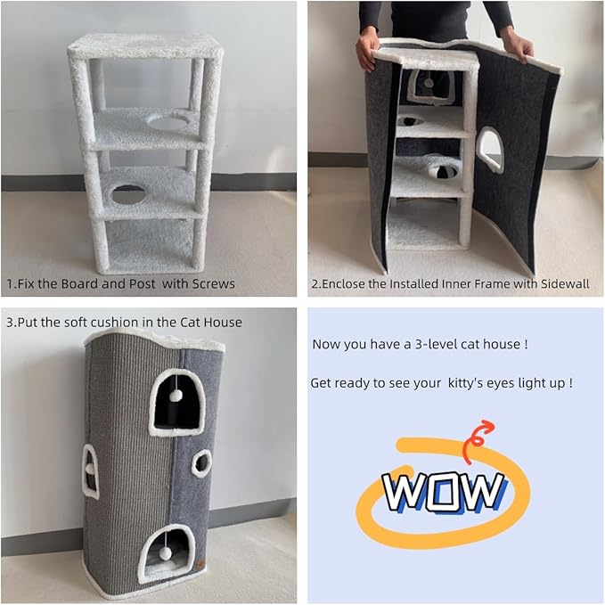 Cat House - Large Cat Cave with Fluffy Ball Hanging and Scratch Pad, Foldable 16.9x15x13 inches