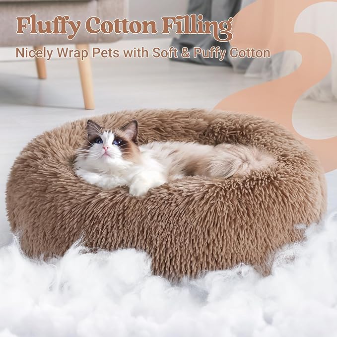 rabbitgoo Cat Beds for Indoor, 20 inches Machine Washable, Fluffy Round Pet Bed Non-Slip, Calming Soft Plush Donut Cuddler Cushion Self Warming for Small Dogs Kittens, Light Brown, Medium