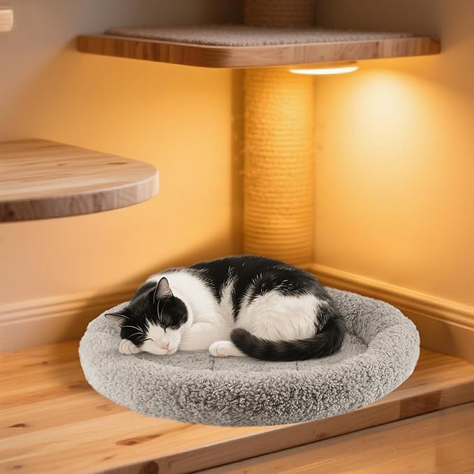Enjoying Plush Cat Bed Mat Diameter 19.5" Round Pad with Pillow Around for Cats Dogs Relying/Curling Sleep Warm Dog Cushion for Crates, Antiskid Bottom, Large, Gray