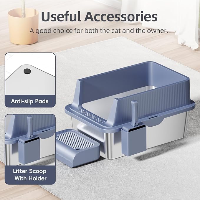 Enclosed Stainless Steel Cat Litter Box with Lid Extra Large Litter Box for Big Cats XL Metal Litter Pan Tray with High Wall Sides Enclosure, Non-Sticky, Anti-Leakage, Easy Cleaning (8 in Dark Grey)