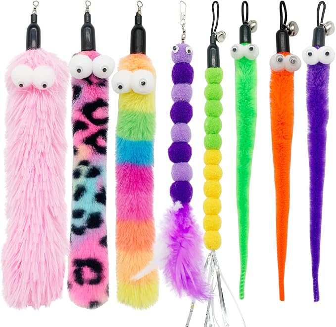 Cat Worm Toy Refills, 8 Pieces Cat Wand Attachments Assorted Worms Feathers Toy for Indoor Cats (B)