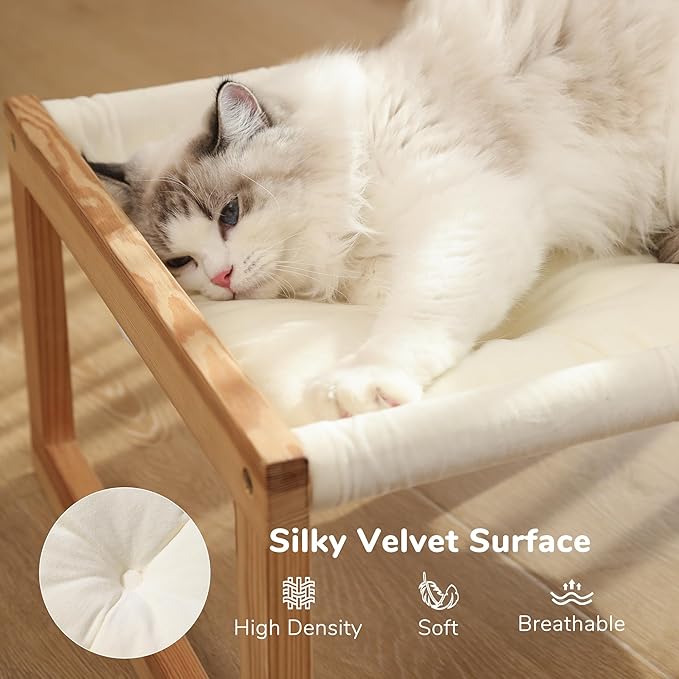 FUKUMARU Cat Bed with Removable Cover, Plush Velvet Couch for Indoor Cats, Wooden Feline Hammock, 21 x 16.5 Inch Kitten Sofa, Suitable for Kitty, Dog, Bunny and Small Animal, White