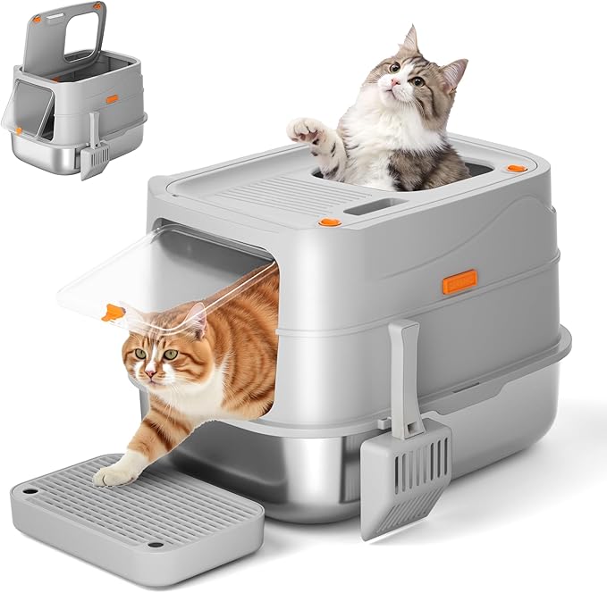 Extra-Large Stainless Steel Cat Litter Box with Lid, Dual Entry Design (Front & Top), Leak-Proof & Odor-Free, Easy to Clean Metal Kitty Litter Pan with Scoop & Filter Pedal