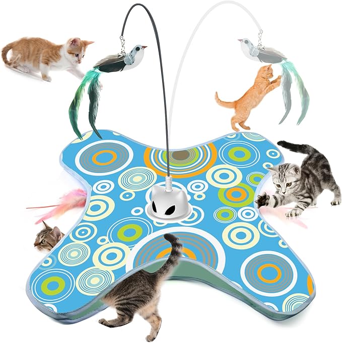 VIWIK Hide and Seek Toys for Indoor Adult Cats with Suction Cup & Cover, Interactive Automatic Moving Concealed Feather Kitten Wand Bird Toy, Cat Enrichment Toys for All Breeds Blue