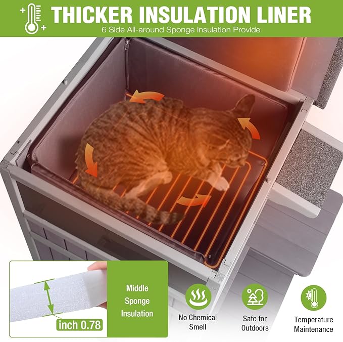 GUTINNEEN 2-Story Heated Cat House Large Outdoor Insulated Cat House Weatherproof Feral Cat Shelter with Heated Pad, Insulated All-Round Thermal Liner for 1-4 Cats (Winter-Ready)