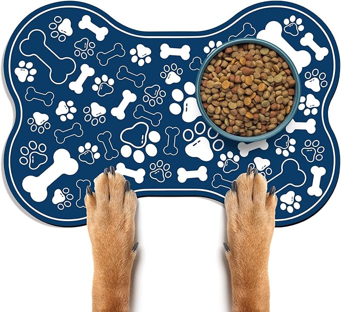 Dog & Cat Food Mat Bone Shaped Pet Feeding Mat Quick Absorb Water Bowl Placemat with Rubber Backing Indoor Floor Stain Resistant Pet Accessory Supplies (Blue, 12x18 Inches)