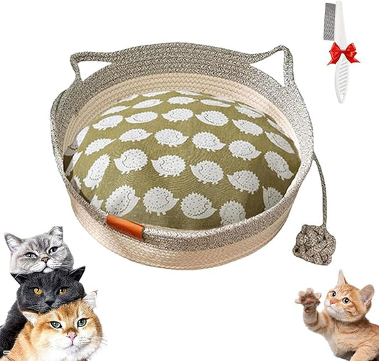 Stimulicat Cat Bed, Stimulicat Handwoven Cat Basket, Foldable Round Cotton Rope Cats Beds with Toy Tail and Built-in Scratching Pad, Scratch Resistance Easy to Clean (Gray+Cushion, Medium)
