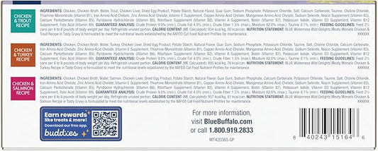 Blue Buffalo Wilderness Wild Delights High Protein Grain Free, Natural Adult Meaty Morsels Wet Cat Food, Ⲥhicken & Turkey, 𝙲hicken & Trout, 𝐂hicken & Salmon 3-oz cans (12 count - 4 of Each Flavor)