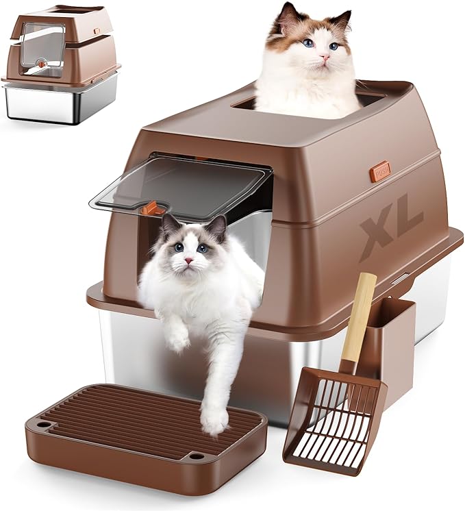 Stainless Steel Cat Litter Box with Lid Extra Large Open-Top Dual Entry Enclosed Metal Pan Tray with High Sides Pedal Scoop Non-Stick Anti-Leakage Easy Cleaning for Big Multi-Cat (Brown)