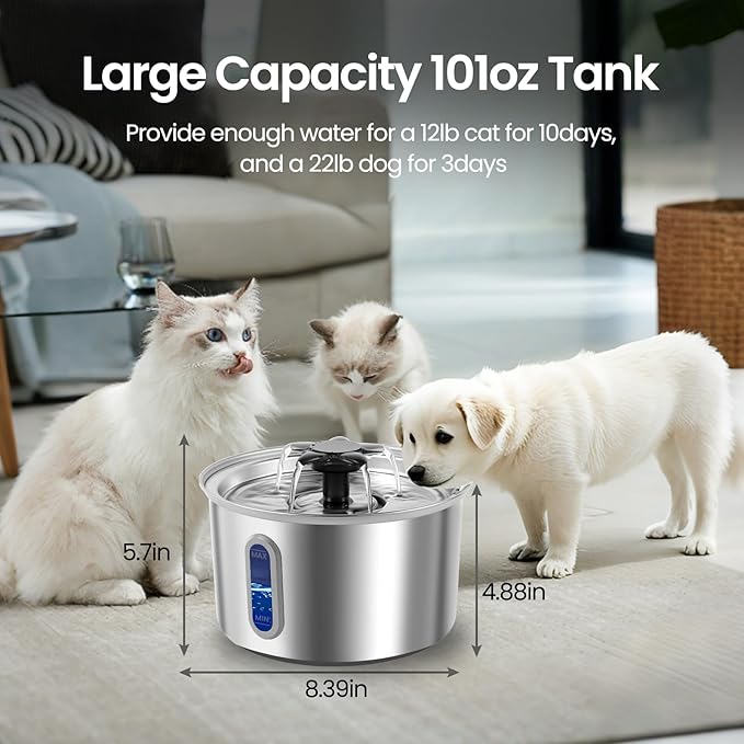 3L/101oz Stainless Steel Cat Water Fountain for Indoor Use - Ultra Quiet Automatic, BPA-Free LED Window for Cats/Small Dogs (Silver+2 Filters+2 Sponges, Large)