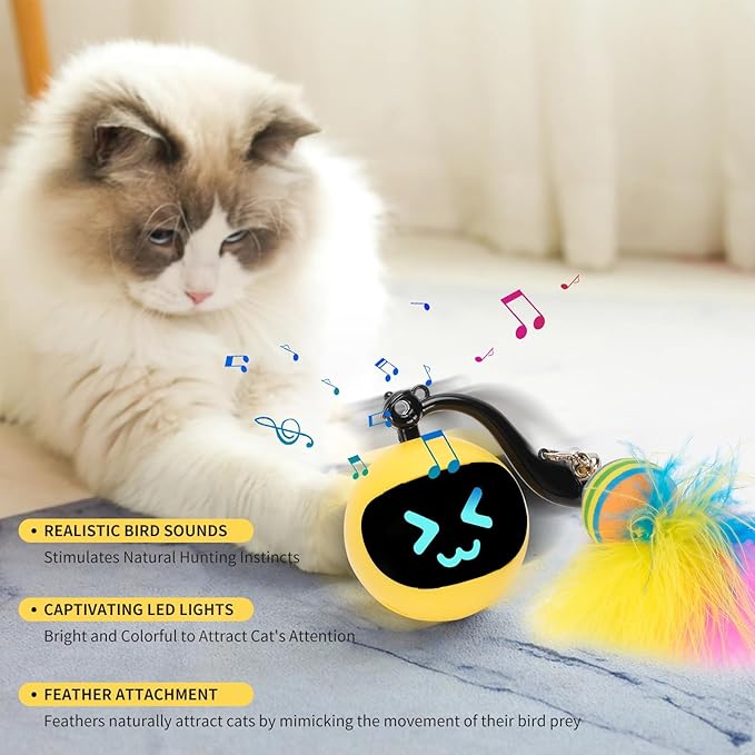 Electric Interactive Cat Feather Toy Ball for Indoor Cats,Turbo Tail Mouse Chase with LED Remote Control Cat Toy,Electric Automatic Moving Ball, Motion Activate Chirping Bird Sound Yellow