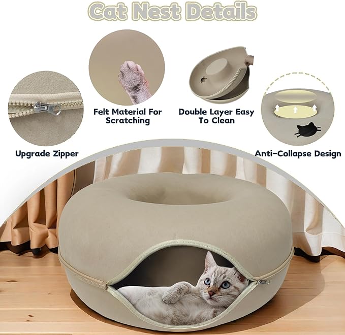 Donut Cat Tunnel Bed Peekaboo Cat Cave for Large Cats Up to 30 Lbs, Kitty Interactive Playing Tent House for Multiple Cats,Detachable,Scratch Resistant (Beige, Large - 24 Inch Diameter)