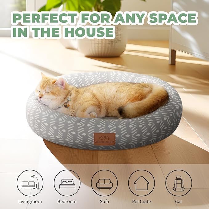 Cat Bed, 20In Dog Beds for Small Dogs, Calming Cat & Dog Beds for Indoor Pets, Pet Beds Comfortable Donut Round Ultra Soft (Grey Pattern, 20.0" L x 20.0" W x 6.5" Th)