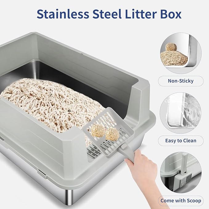 XXXL Stainless Steel Litter Box with Lid, Extra Large 28" L x 20" W x 17" H Enclosed Metal Cat Litter Box with Litter Scoop & Foot Pedal, Odor Control, Easy Cleaning for Big Cats (Light Grey)