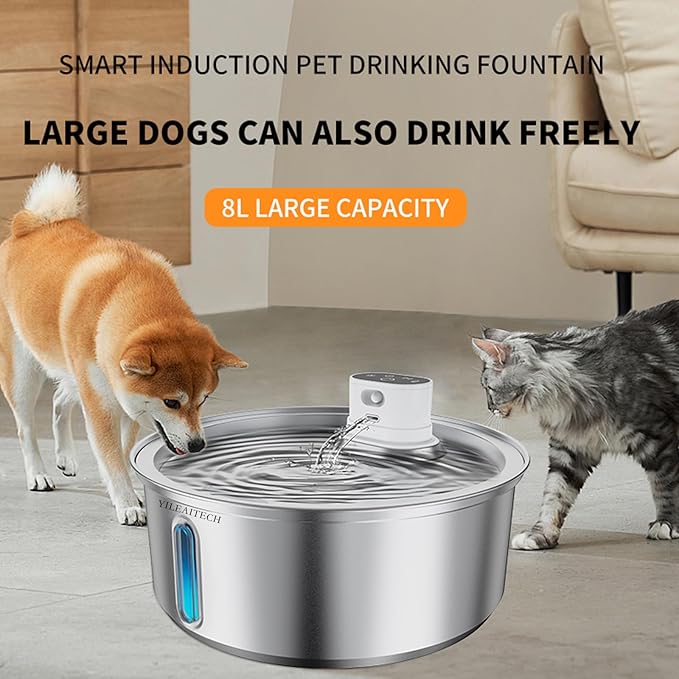Wireless Cat Water Fountain Stainless Steel, Battery Operated, Cordless Pet Water Fountain for Cats & Dogs with Motion Sensor, Ultra Quiet Pump, 12 Filters (SS, 8L)