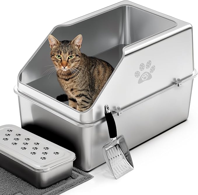 KPWACD Enclosed Stainless Steel Cat Litter Box with Lid, XL Extra Large Non-Stick Metal Litter Pan for Big Cats, High-Sided Kitten Toilet Enclosure, Non-Stick, Anti-Leakage, Easy Cleaning