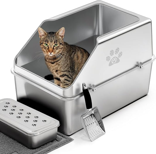 KPWACD Enclosed Stainless Steel Cat Litter Box with Lid, XL Extra Large Non-Stick Metal Litter Pan for Big Cats, High-Sided Kitten Toilet Enclosure, Non-Stick, Anti-Leakage, Easy Cleaning