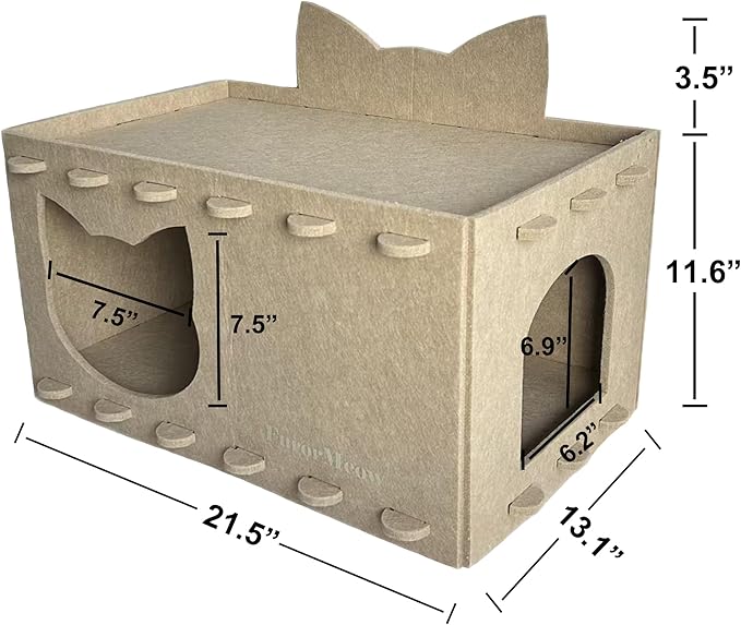 Cat House Cat Ear Design, Large Spacious Cozy Indoor Cat Bed Cave, Scratch Resistant Strong Thick Premium Felt Condo, Fun Hideaway for Multiple Cats, Up to 35LB, 21.5x13x11.6 inches (Beige)