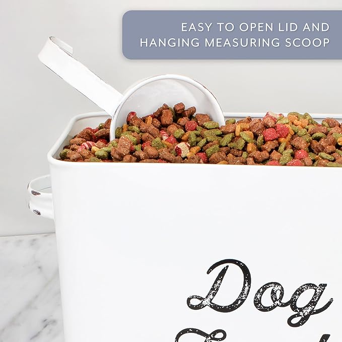 AuldHome Rustic Dog Food Canister; White Farmhouse Style Storage Bin for Small Dogs