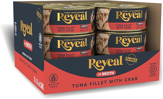 Reveal Natural Wet Cat Food, 12 Count, Grain Free, Limited Ingredient Canned Food for Cats, Tuna Fillet with Crab in Broth, 5.5 oz Cans