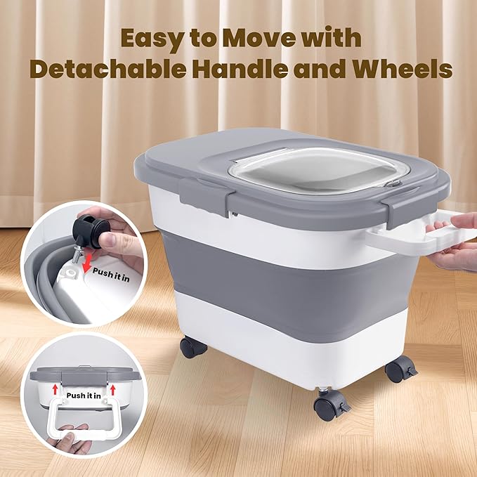 HOYTAMDA 20-30Lbs Rice Container,Collapsible Airtight Food Storage Containers with Wheels,Handle,Rice Storage Container with Small Bin and Scoop,Rice Dispenser for Flour Sugar Cereal Grain Dog Cat