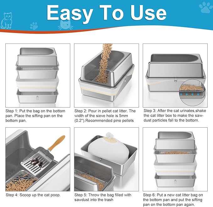 XL All Stainless Steel Sifting Litter Box with Lid,Sifting Cat Litter Box for Wood Pine Pellets,High Sides Sifter Litter Pan System,Odor Control,Easy to Clean,with Liners and Scoop