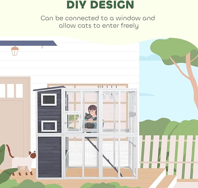 PawHut Catio Outdoor Cat Enclosure, Wooden Cat Patio with Platforms, Waterproof Asphalt Roof, Ramps, 77" L, Light Gray
