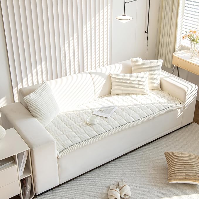 Faux Fur Plush Dog Couch Cover 3D Stripe Fuzzy Sofa Cover Non-Slip Fluffy Dog Bed Cover Pet Blanket Sofa Couch Furniture Protector for Puppy Large Dog Cat (Cream,31"x31")