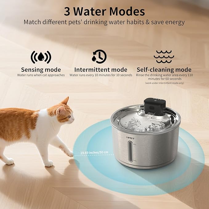 NPET Stainless Steel Wireless Cat Fountain, 1Gallon/4L Battery Operated Automatic Pet Drinking Fountain - Cordless Dog Water Dispenser with Water Level Window for Cats Indoor