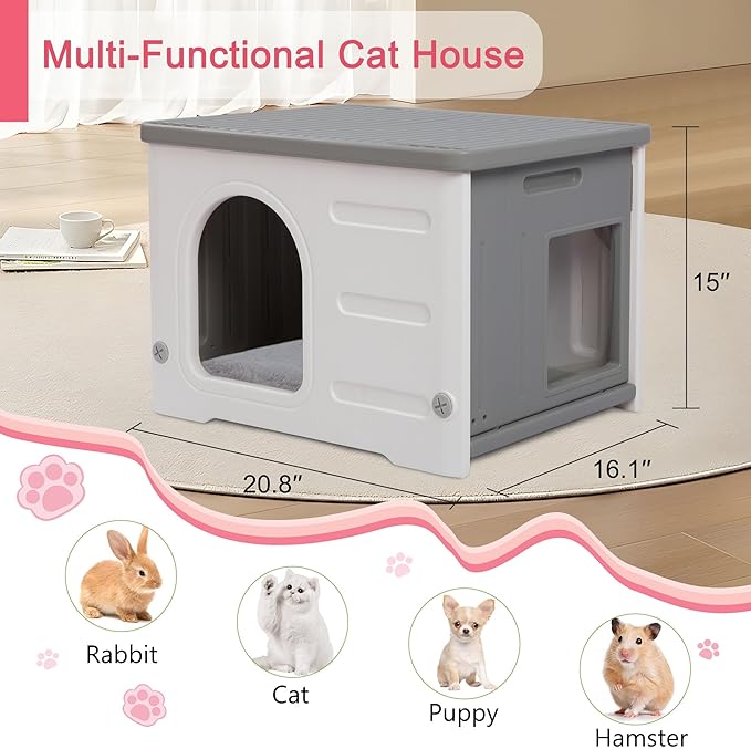 Rockever Plastic Cat House Outdoor with Escape Door, Waterproof Feral Cat House Outdoor Indoor, Sturdy Cat House for Outdoor Cats with Cat Bed Mat, Assemble Easily-Grey