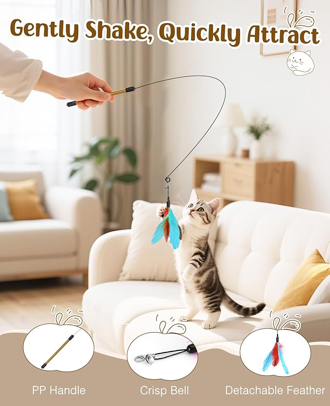 Pawaboo Feather Teaser Cat Toy, Interactive Feather Wand Cats Toy Flying Feathers Cat Catcher with Extra Long 34.5" Wand and Small Bell, Exerciser Playing Toys for Kitten or Cats, Blue + Red Brown