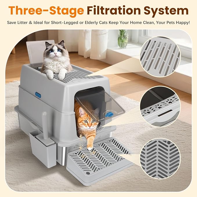 Nobleza Stainless Steel Cat Litter Box Extra Large Open-Top Enclosed Design Metal Litter Pan, Indoor Litter Tray, Non Stick, No Smell, Easy to Clean, Pet Toilet Supplies for Kitten, Kitty, Rabbit