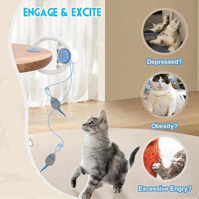 Cat Toy Interactive for Indoor Cats, Smart USB Rechargeable Door Hanging Automatic Retractable Kitten Toys, Teaser Electronic Self Play Feather Cat String Toy Attached with 3 Catnip Mice White