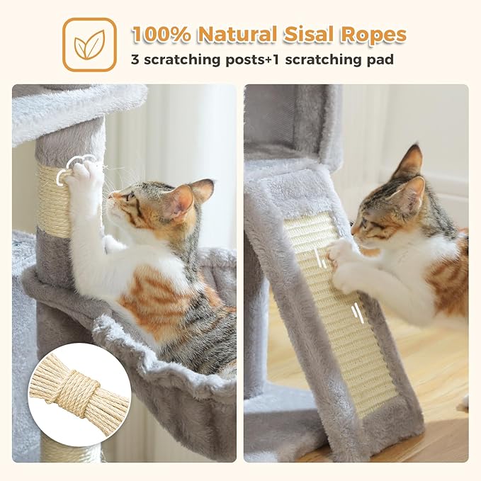 PAWZ Road Cat Tree, 51.6 Inches Cat Tower with Dual Condos, Spacious Perch, Cozy Basket and Sisal-Covered Scratching Posts for Small Cats and Kittens- Gray
