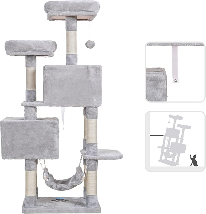 Hey-brother Multi-Level Cat Tree Condo Furniture with Sisal-Covered Scratching Posts, 2 Plush Condos, Perch Hammock for Kittens, Cats and Pets, Light Gray MPJ020-SW