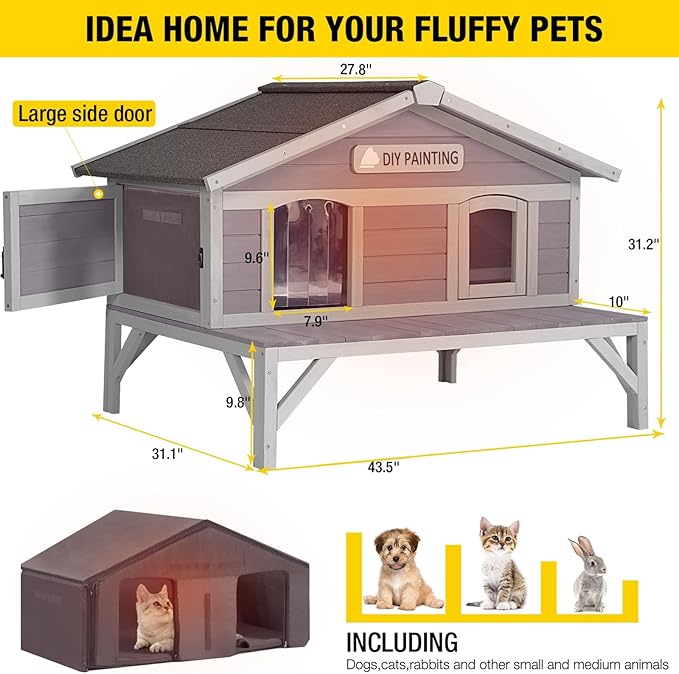 Outdoor Cat House with 100% Insulated Liner Weatherproof Feral Kitty Shelter for Winter,Large Opening Roof