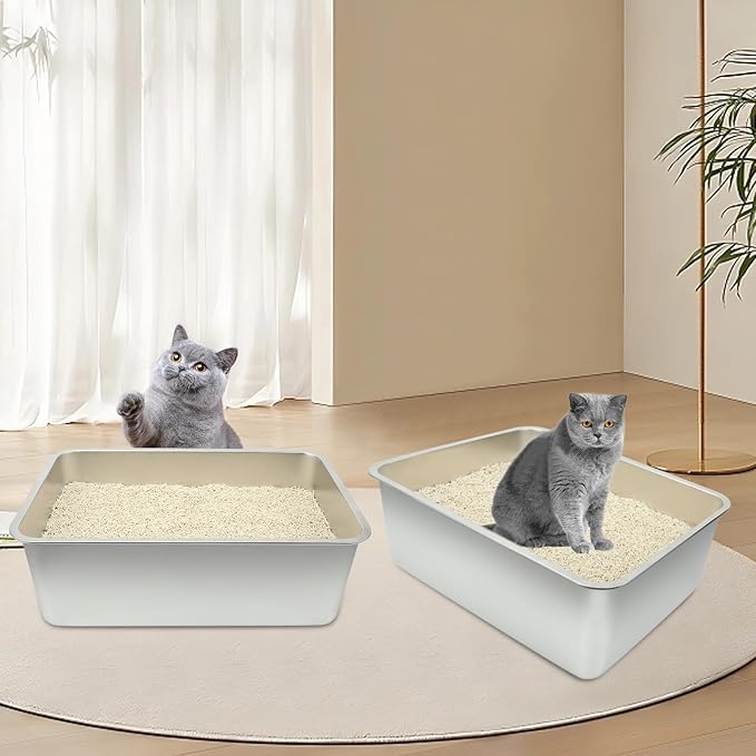 Rypet 2Packs Stainless Steel Litter Box Metal Litter Box for Cats High Back Litter Boxes Non-Stick Cat Poop Box，Easy to Clean(23.6"*15.8"*7.9")