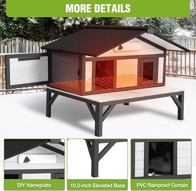 Heated Outdoor Cat House with Heating Pad and Insulated Liner in Winter, Feral Cat Shelter with Weatherproof Roof and Elevated Base, Kitten Condo with 3 Escape Doors Outside (Black & White, Medium)