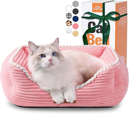 Cat Dog Bed for Pets, Rectangle Pet Bed Gift for Puppy and Kitten, Machine Washable Calming Fluffy Pet Couch Sofa for Indoor Outdoor, Portable Soft Cat Bed with Non-Slip Bottom (Small, Pink)