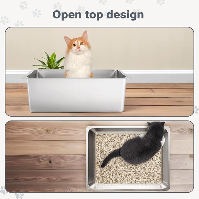 Kirecoo Stainless Steel Cat Litter Box, Large Metal High Sided Cat Pan Box, Indoor Litter Tray, Non Stick, No Smell, Easy to Clean, Pet Toilet Supplies for Cats