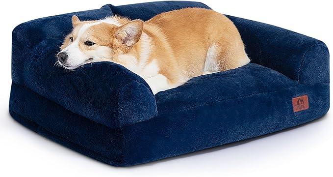 Hollypet Fluffy Plush Dog Cat Pet Couch Soft Calming Sofa Bed for Medium Small Cats and Dogs, Gray,28"x21"x10"