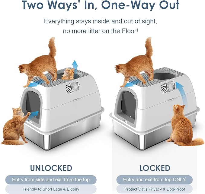 Stainless Steel Top Entry Litter Box with Dog-Proof, Hooded Stainless Steel Litter Box with Filter Lid & Scoop for Low Tracking, Enclosed Cat Litter Boxes for Anti-Leakage Metal Litter Pan