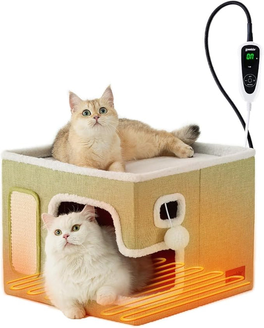 Heated Cat House for Indoor Cats - Cat Warming Bed for Winter with Fluffy Ball Hanging and Adjustable Heating Pad, Foldable Cat Hideaway,16.5x16.5x13 inches, Green