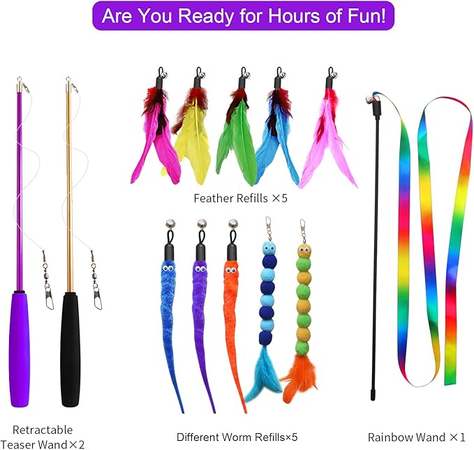 Cat Toys, 2PCS Retractable Feather Toys, 10PCS Replacement Teaser Refill, 1PC Rainbow Ribbon Wand Interactive Kitten Toys for Indoor Cat Make Exercise