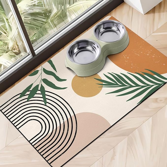 Dog Food Mats for Floors Super Absorbent, Pet Cat Food Mat - Non Slip Dog Bowl Mats for Food and Water, Eco-Friendly Boho Dog Placemats Feeding Mat