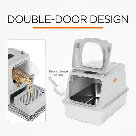 Citylife Stainless Steel Cat Litter Box with Lid，XL Extra Large Enclosed Removable Metal Litter Box with Litter Scoop&Double Layer Litter Mat,Non-Sticky，Non-Odor,Easy Cleaning, for Big Cats，Grey