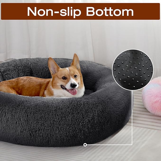 JOLLYVOGUE Dog & Cat Bed, Calming Anti-Anxiety Pet Bed for Small Dogs, Fluffy Donut Cushion for Small and Medium Pets (23")