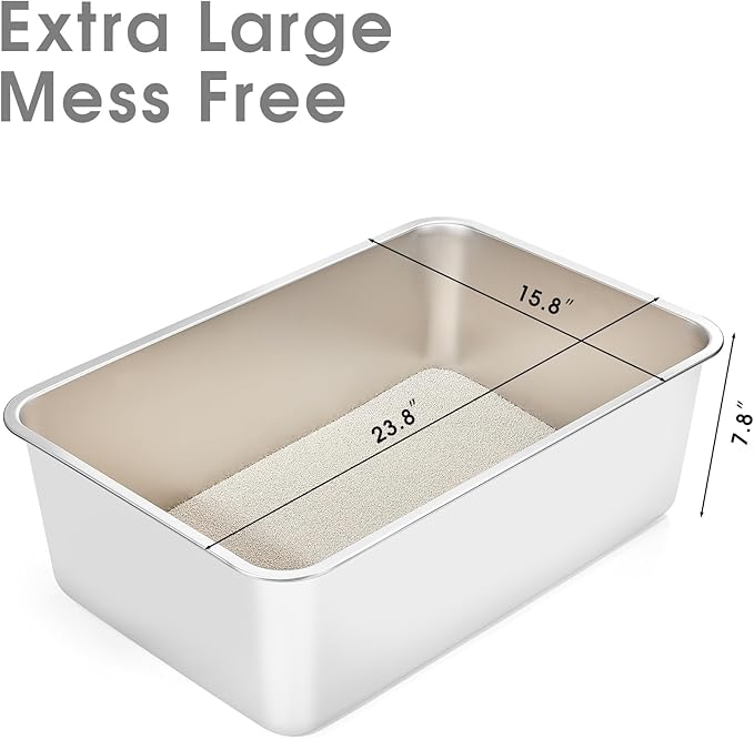 Yangbaga Stainless Steel Litter Box for Cat and Rabbit, Large Size with 8in High Sides and Non Slip Rubber Feet. Odor Control, Non Stick Smooth Surface, Easy to Clean, Never Bend